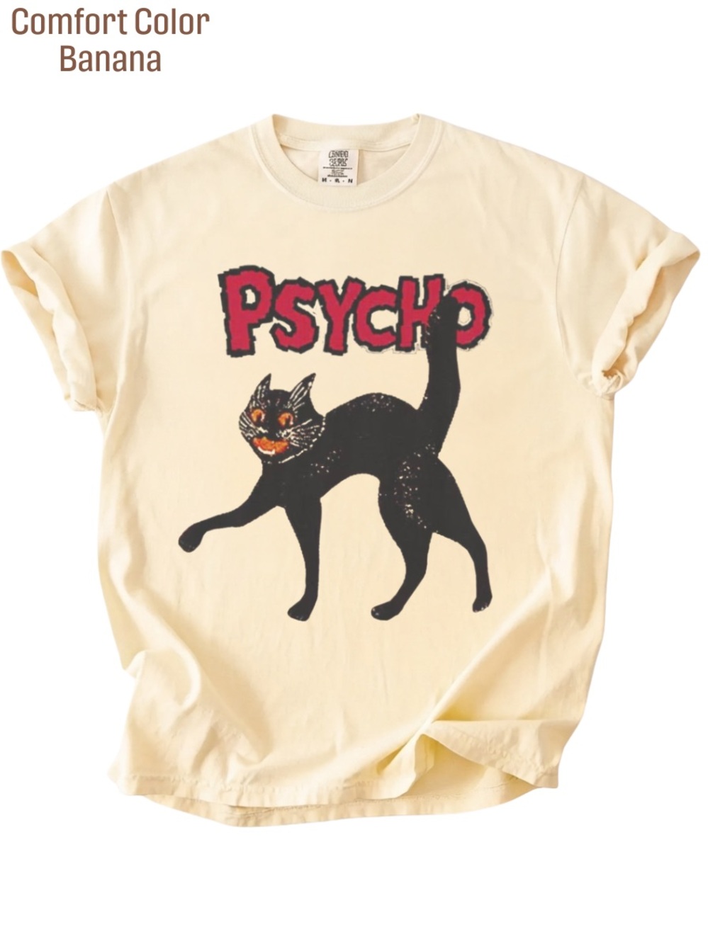 Comfort Colors Cream Banana Tee with Black Cat and Red 'PSYCHO' Graphic